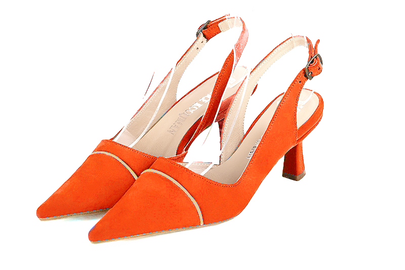 Clementine orange and gold women's slingback shoes. Pointed toe. Medium spool heels. Front view - Florence KOOIJMAN